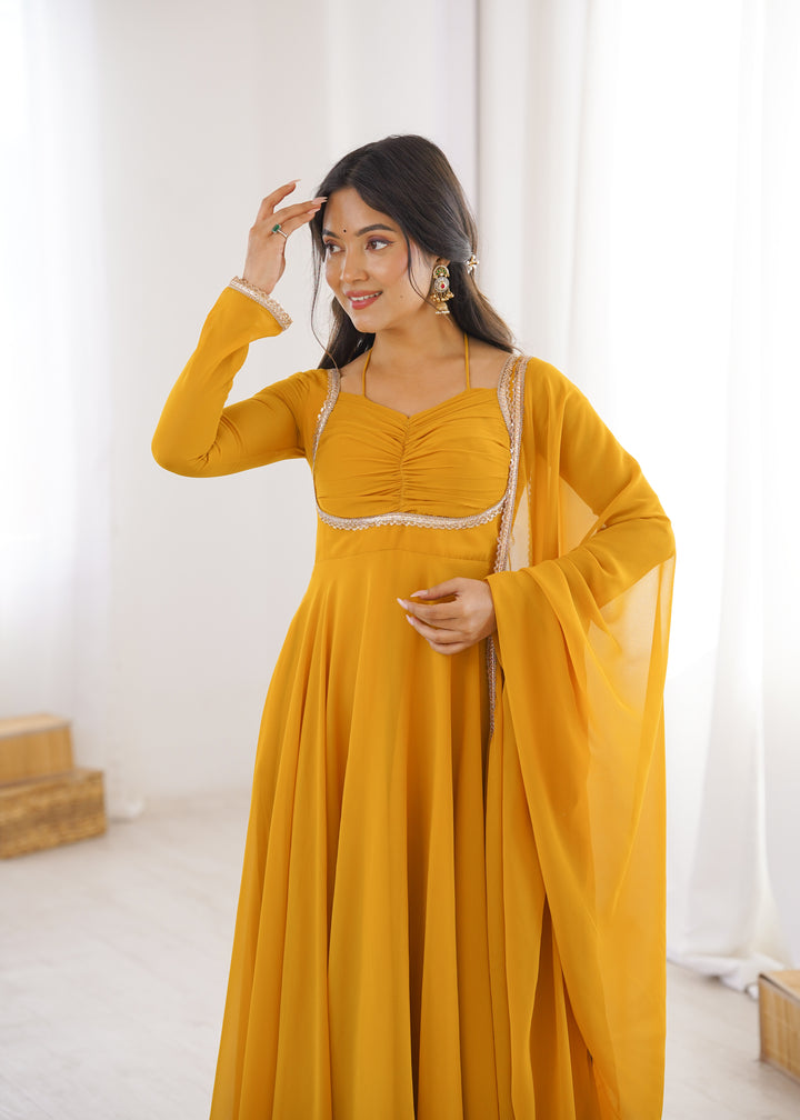 Mustard Yellow Halter Style Flared Georgette Gown