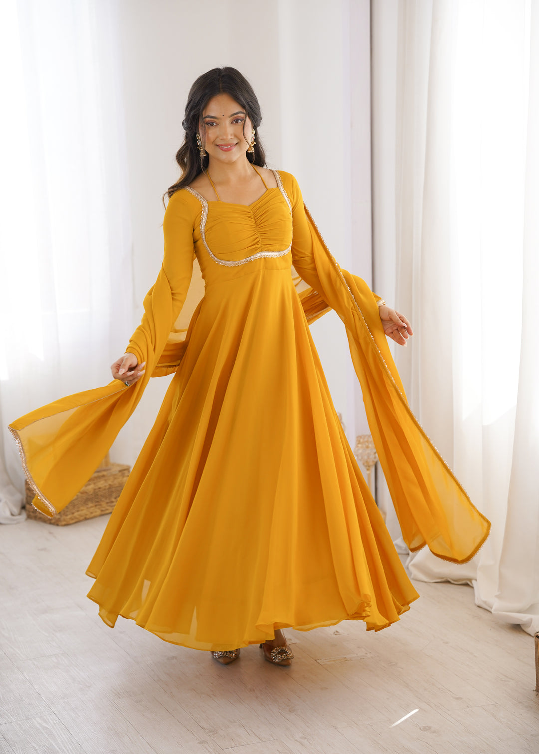 Mustard Yellow Halter Style Flared Georgette Gown