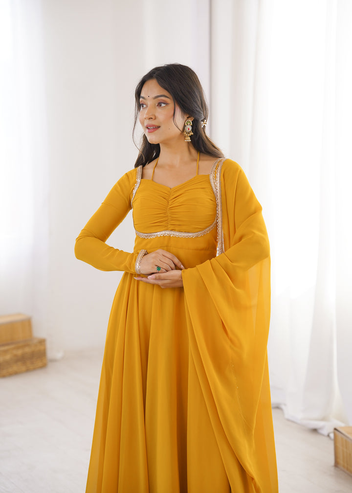 Mustard Yellow Halter Style Flared Georgette Gown