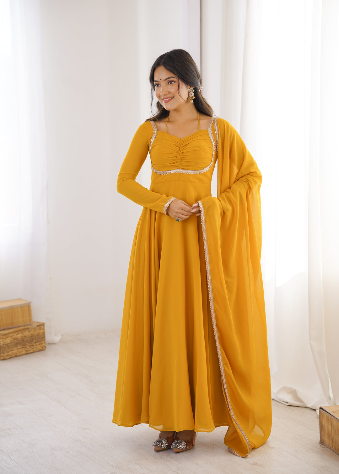 Mustard Yellow Halter Style Flared Georgette Gown
