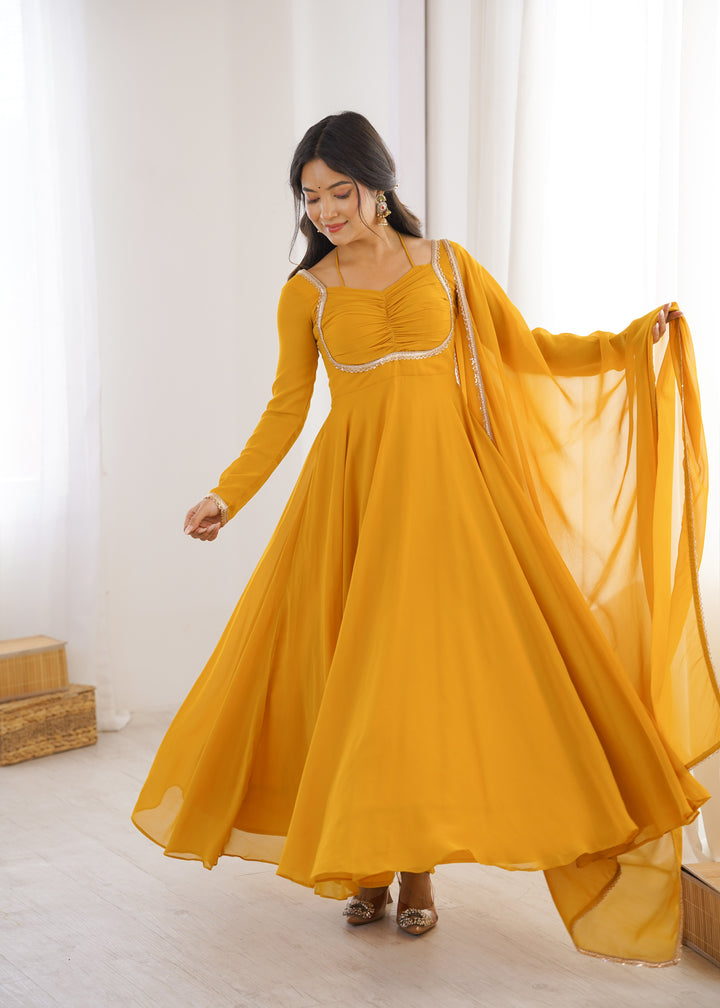 Mustard Yellow Halter Style Flared Georgette Gown