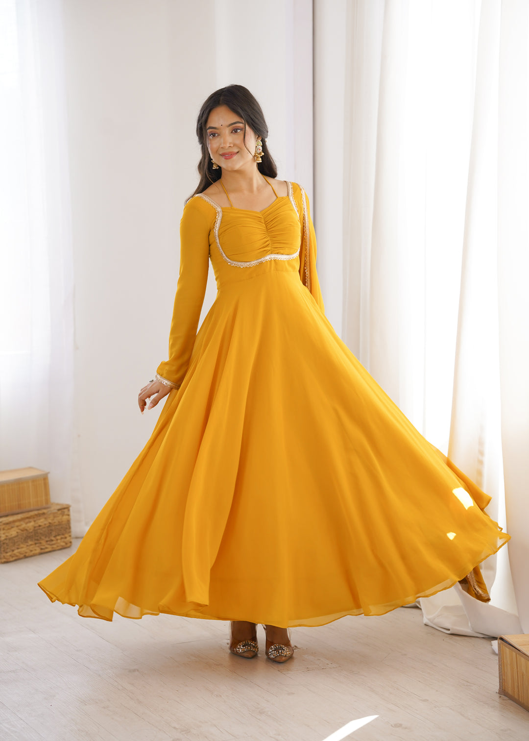 Mustard Yellow Halter Style Flared Georgette Gown