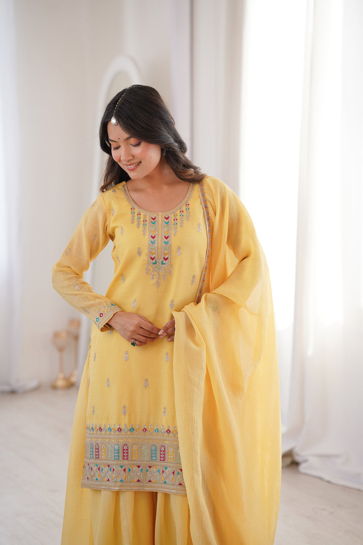 Designer Yellow Crunchy Silk Embroidered Sharara Suit
