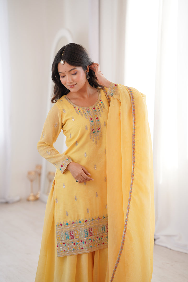 Designer Yellow Crunchy Silk Embroidered Sharara Suit