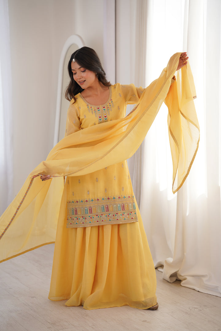 Designer Yellow Crunchy Silk Embroidered Sharara Suit