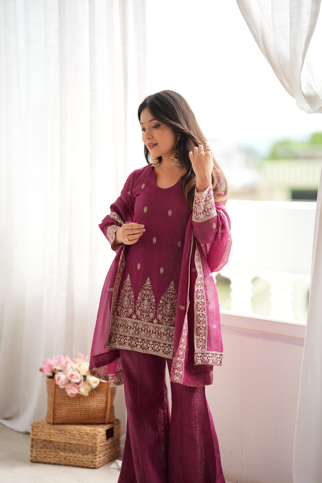 Burgundy Embroidered Short Kurta Sharara Suit