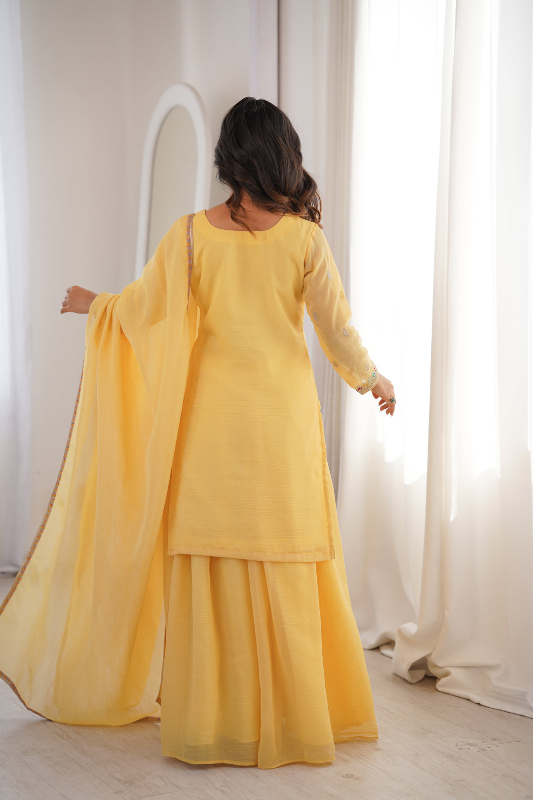 Designer Yellow Crunchy Silk Embroidered Sharara Suit