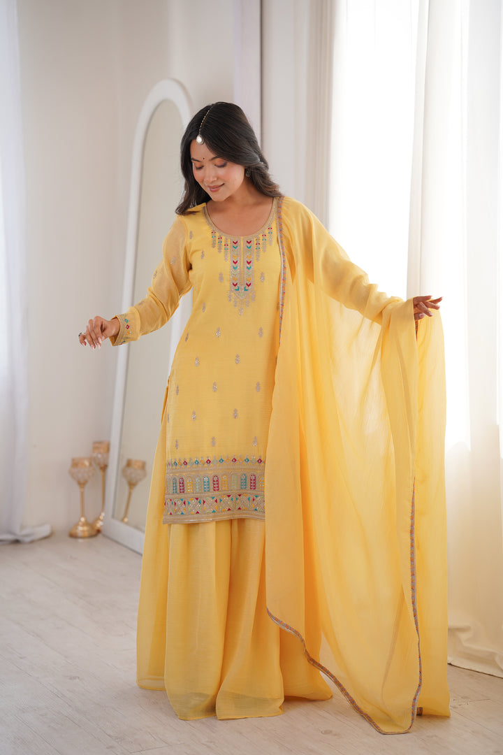 Designer Yellow Crunchy Silk Embroidered Sharara Suit