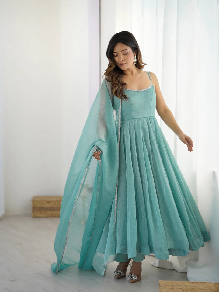 Sky Blue Strap Flared Silk Anarkali Suit