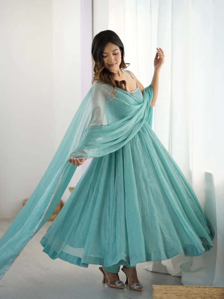 Sky Blue Strap Flared Silk Anarkali Suit