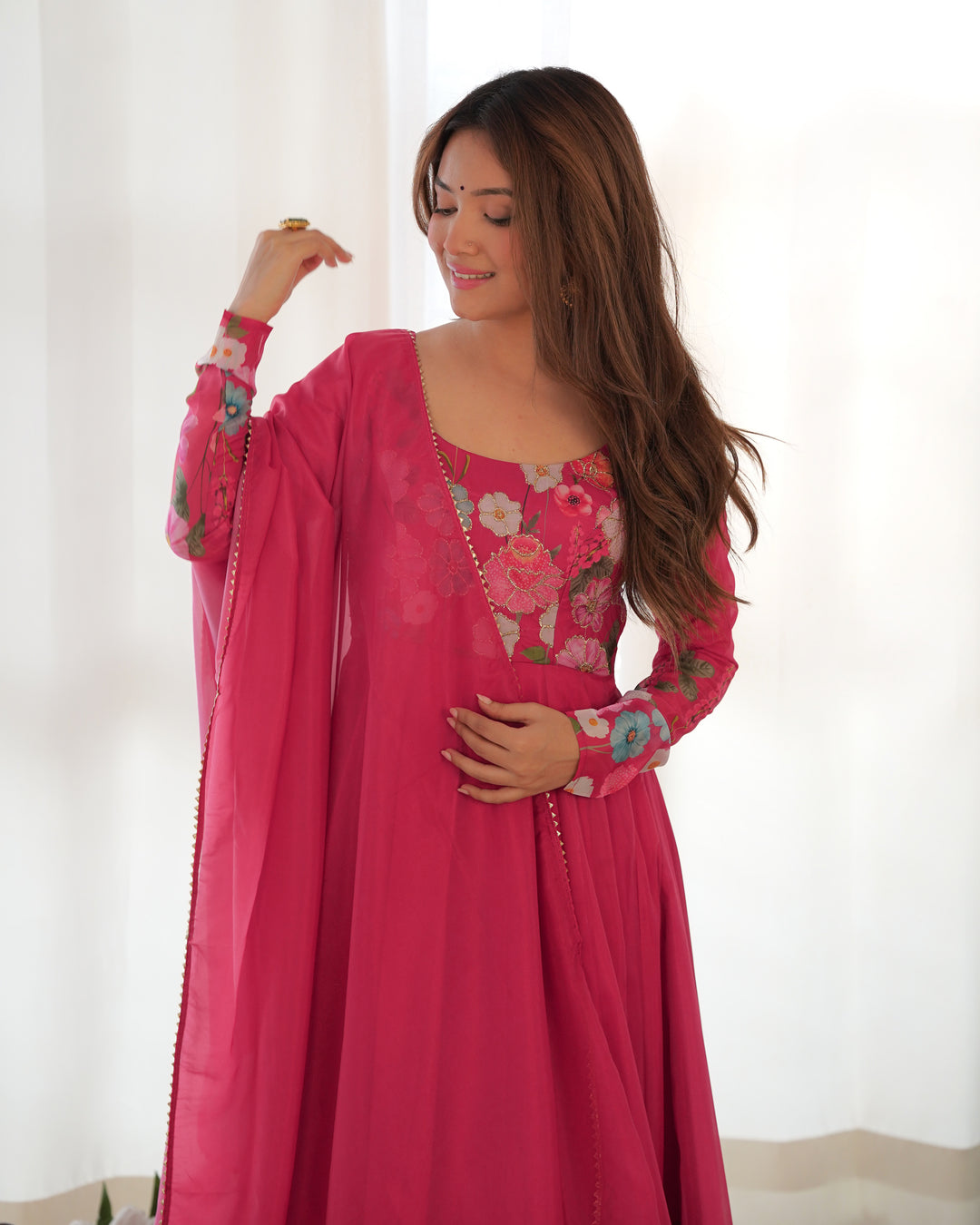 Pink Organza Floral Printed Flared Anarkali Suit