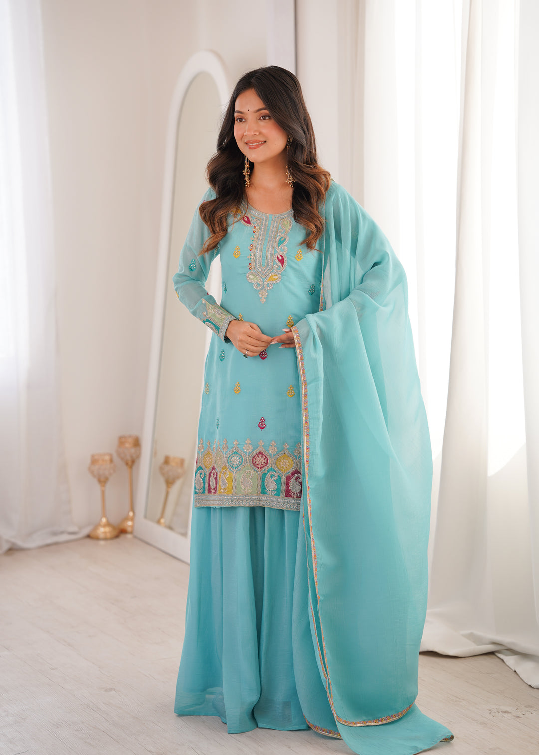 Sky Blue Multi-Color Embroidered Sharara Suit