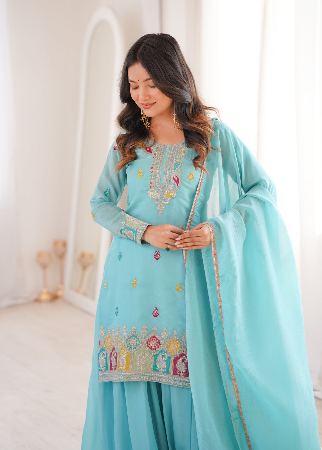 Sky Blue Multi-Color Embroidered Sharara Suit