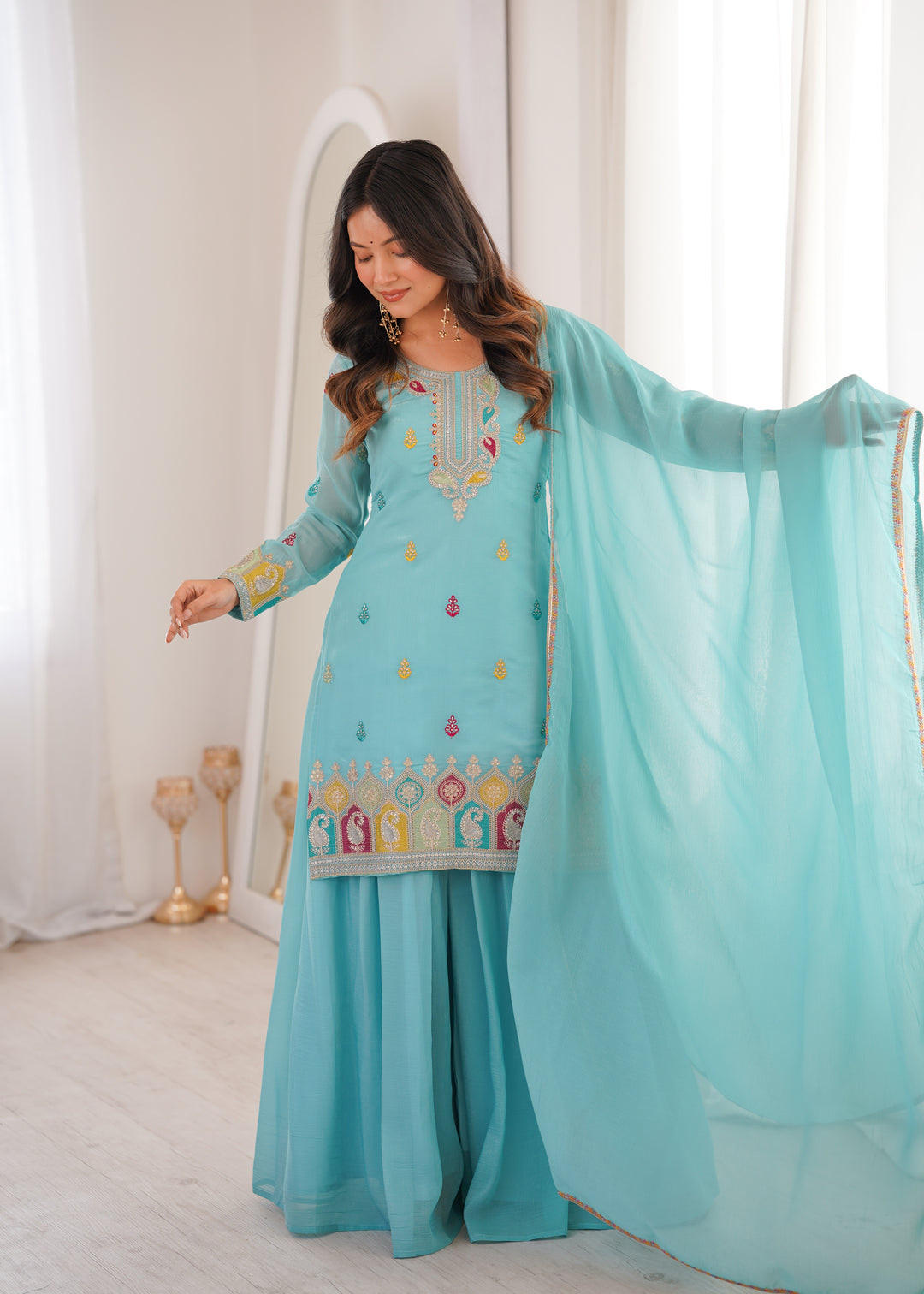 Sky Blue Multi-Color Embroidered Sharara Suit