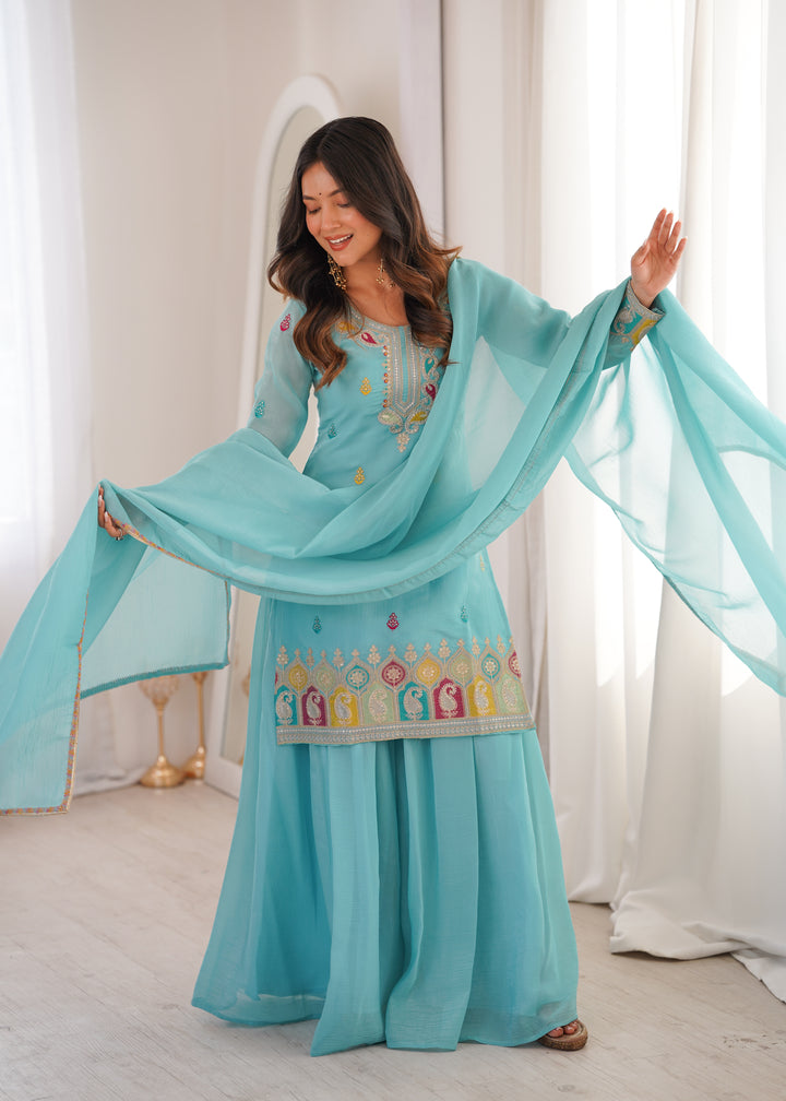 Sky Blue Multi-Color Embroidered Sharara Suit