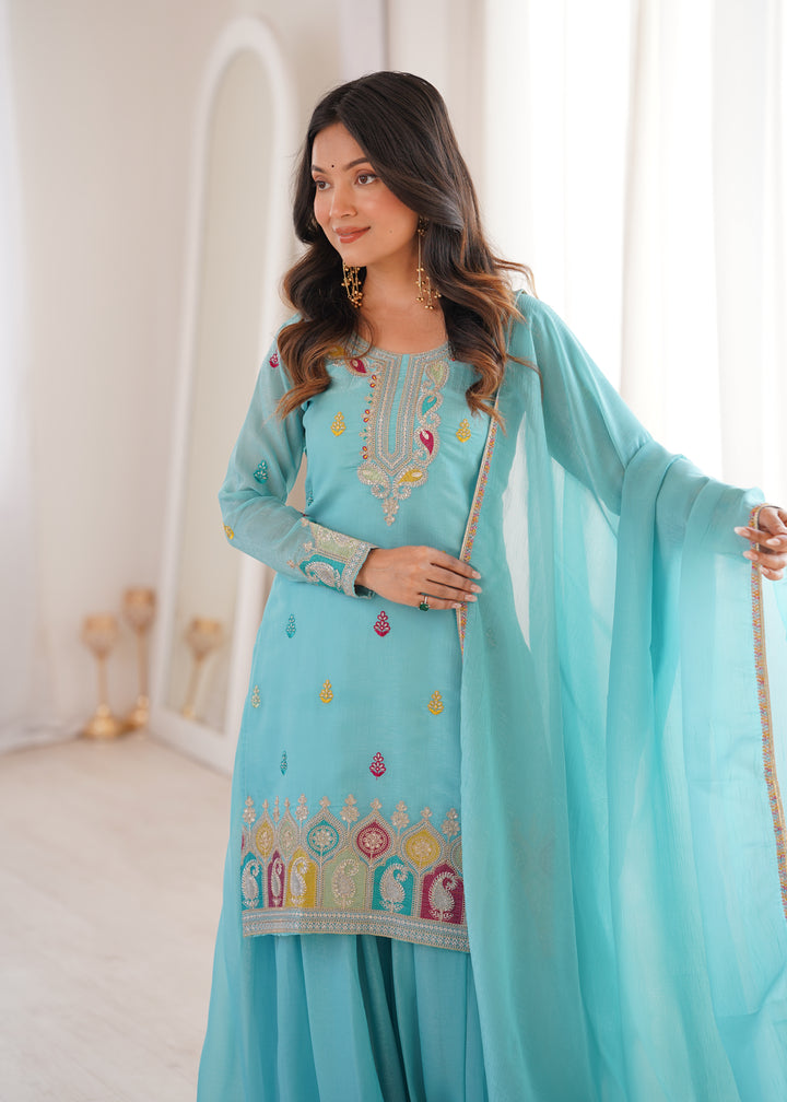 Sky Blue Multi-Color Embroidered Sharara Suit