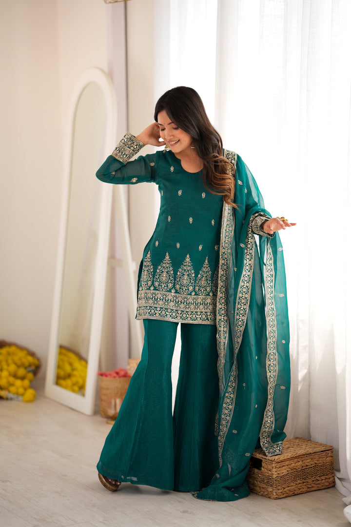 Rama Embroidered Short Kurta Sharara Suit