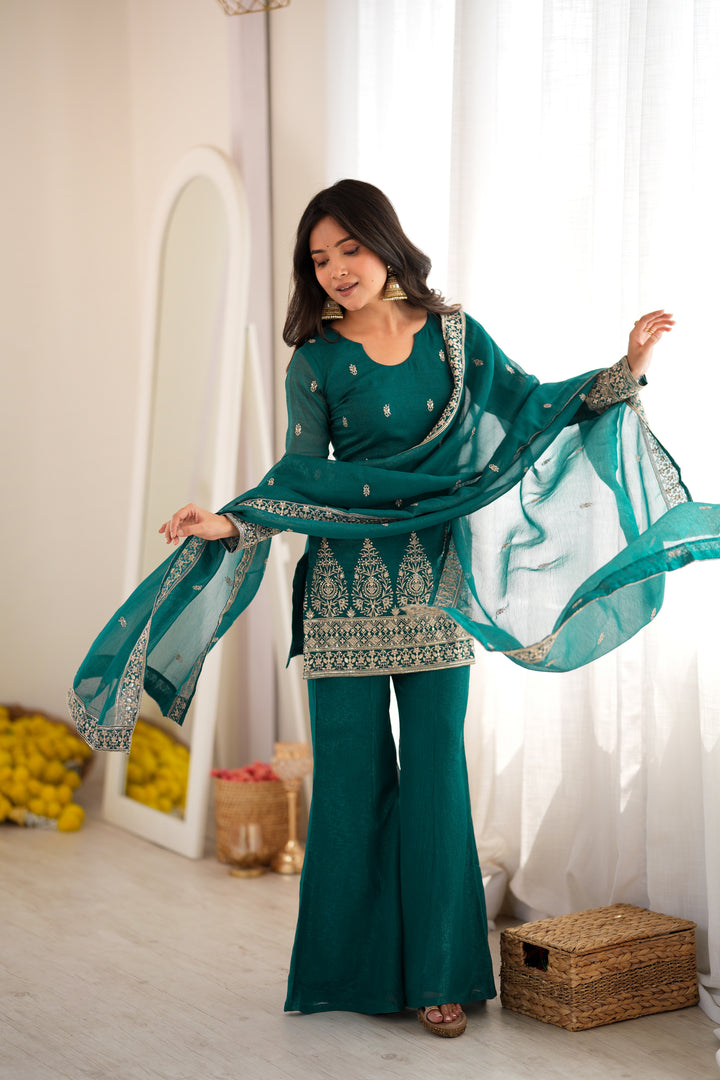 Rama Embroidered Short Kurta Sharara Suit