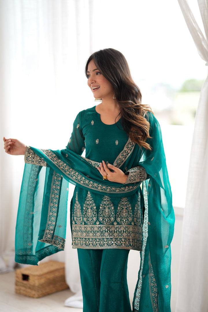 Rama Embroidered Short Kurta Sharara Suit