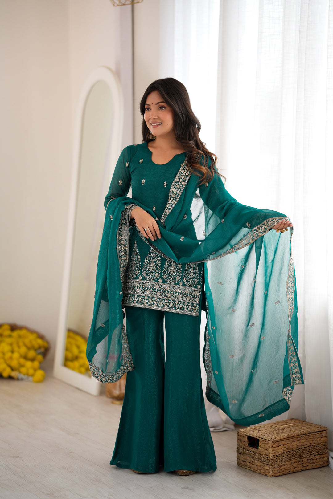 Rama Embroidered Short Kurta Sharara Suit