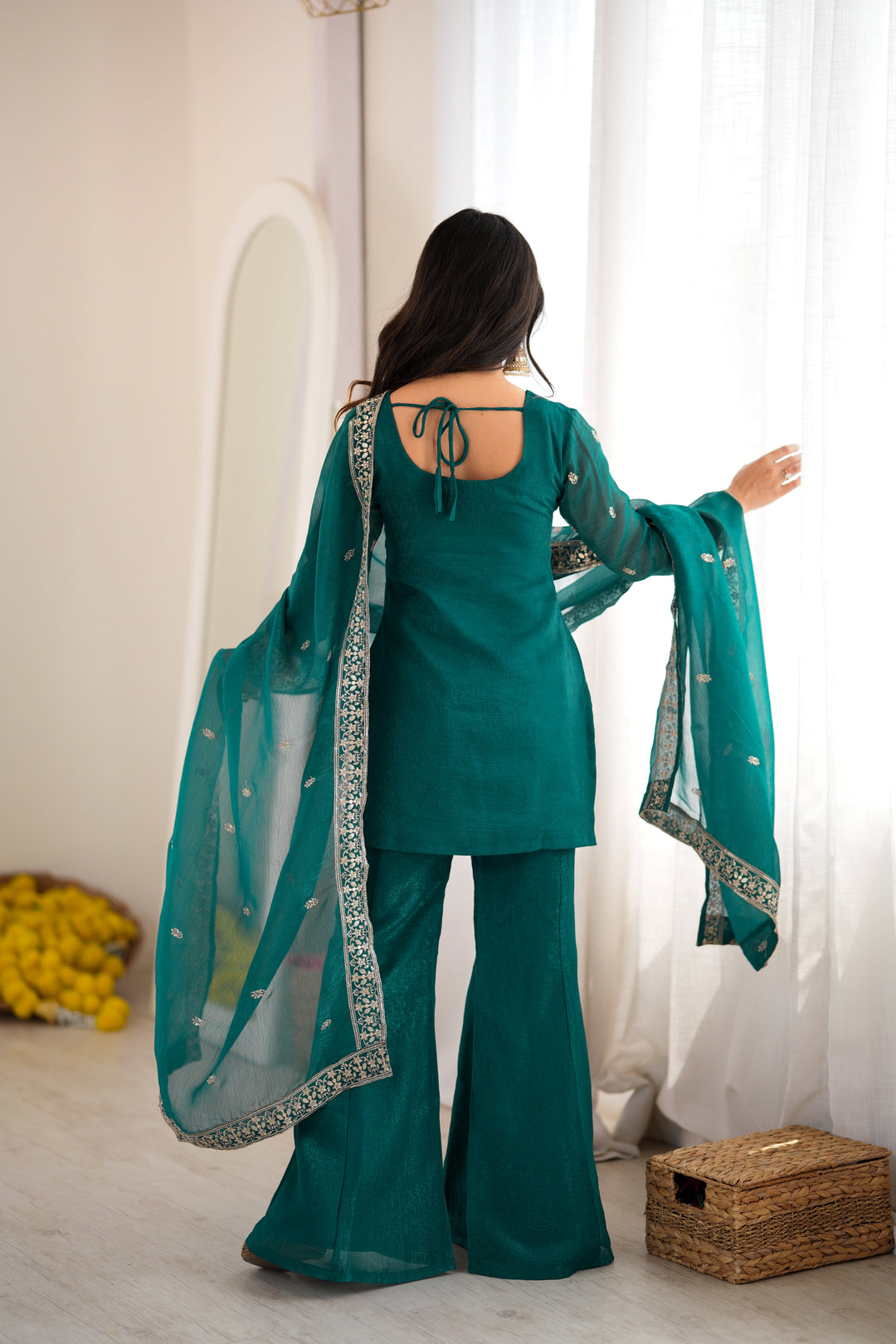 Rama Embroidered Short Kurta Sharara Suit