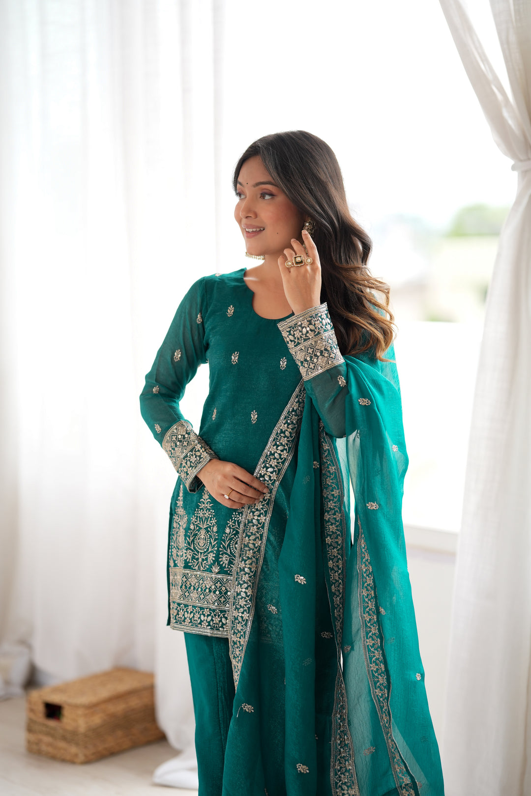 Rama Embroidered Short Kurta Sharara Suit