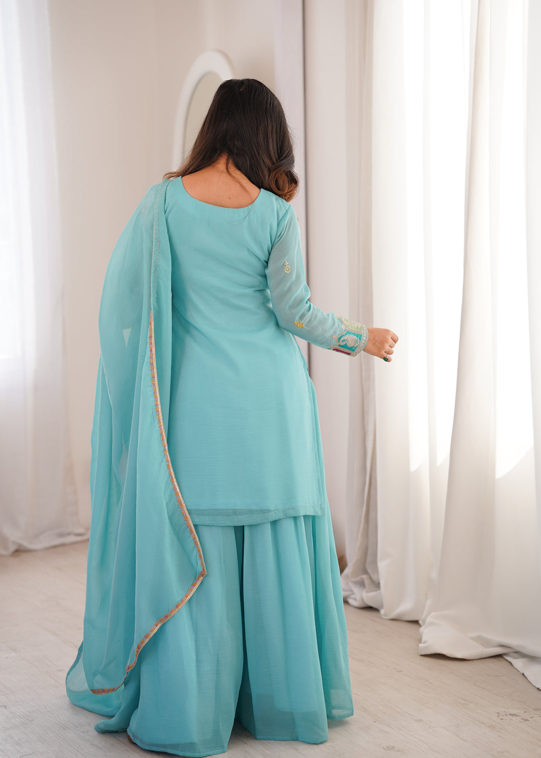 Sky Blue Multi-Color Embroidered Sharara Suit
