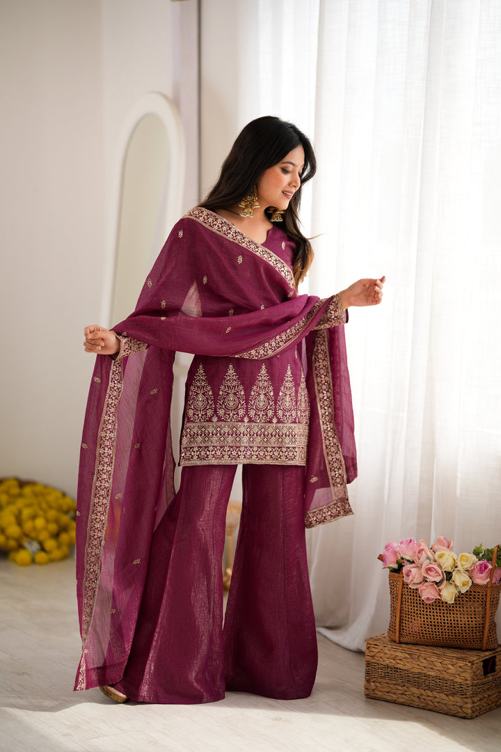 Burgundy Embroidered Short Kurta Sharara Suit