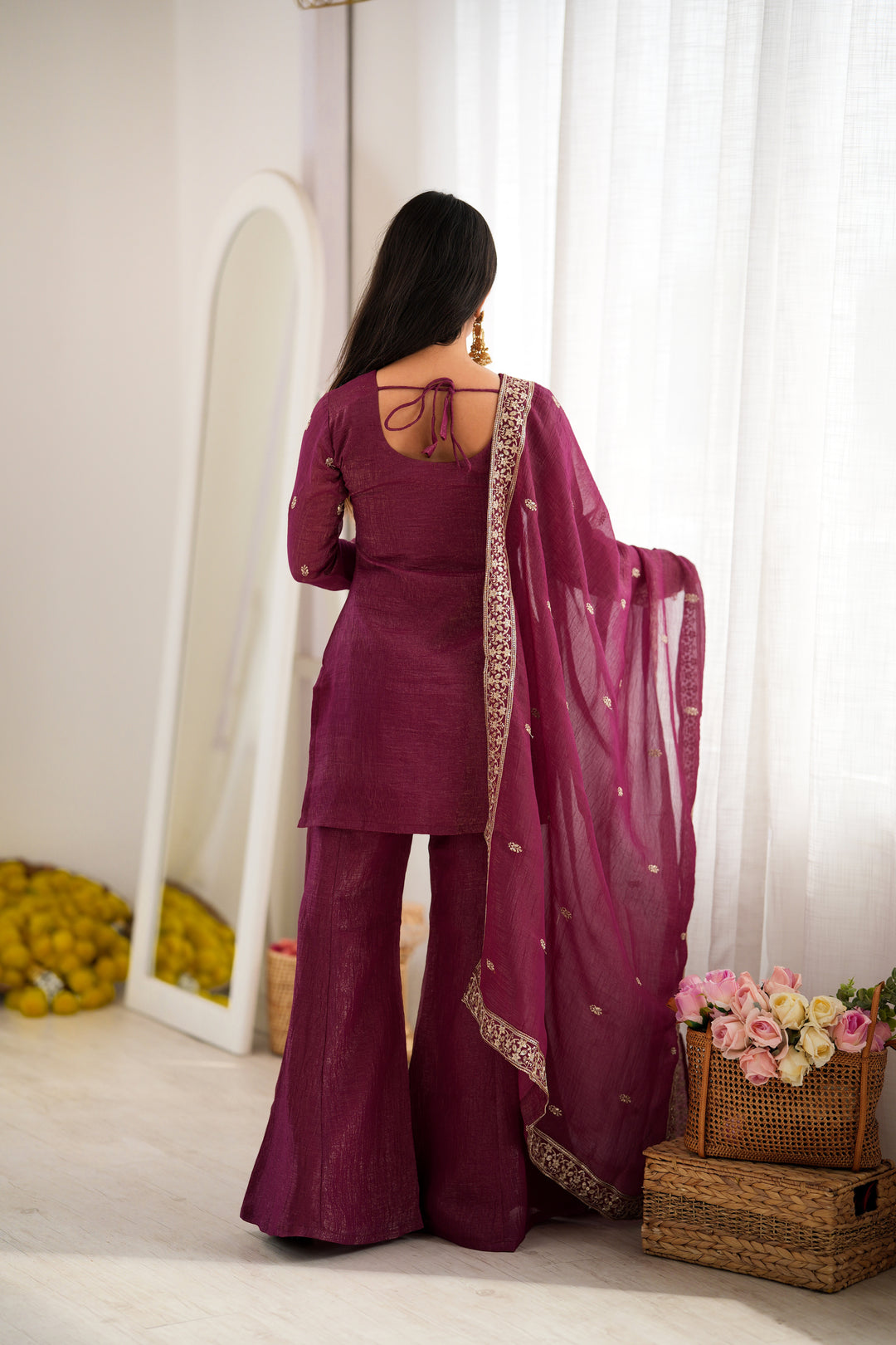 Burgundy Embroidered Short Kurta Sharara Suit
