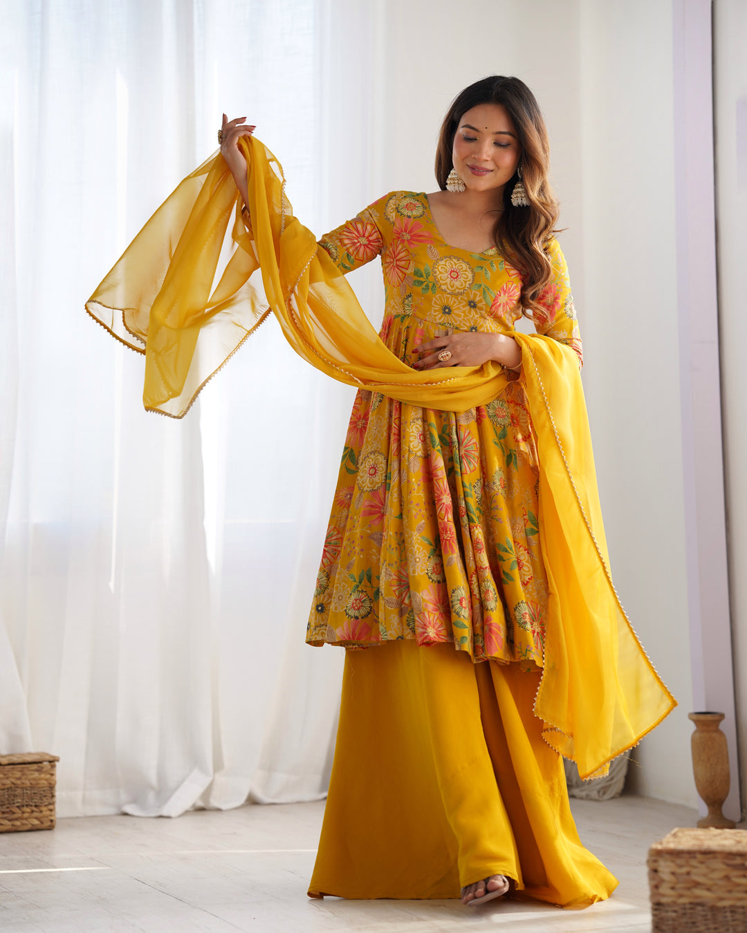Mustard Floral Printed Short Anarkali Sharara Suit