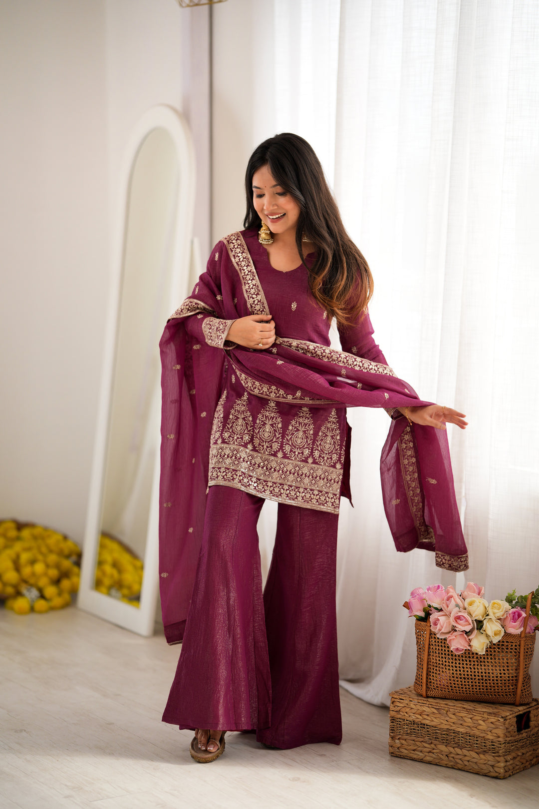 Burgundy Embroidered Short Kurta Sharara Suit