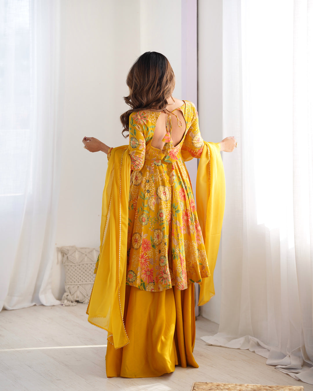 Mustard Floral Printed Short Anarkali Sharara Suit