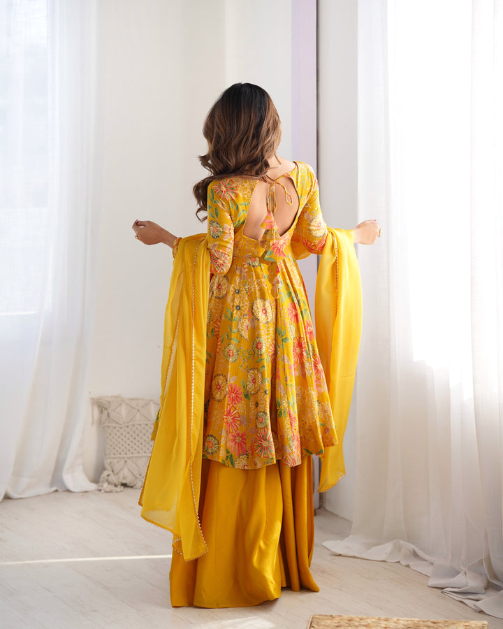 Mustard Floral Printed Short Anarkali Sharara Suit