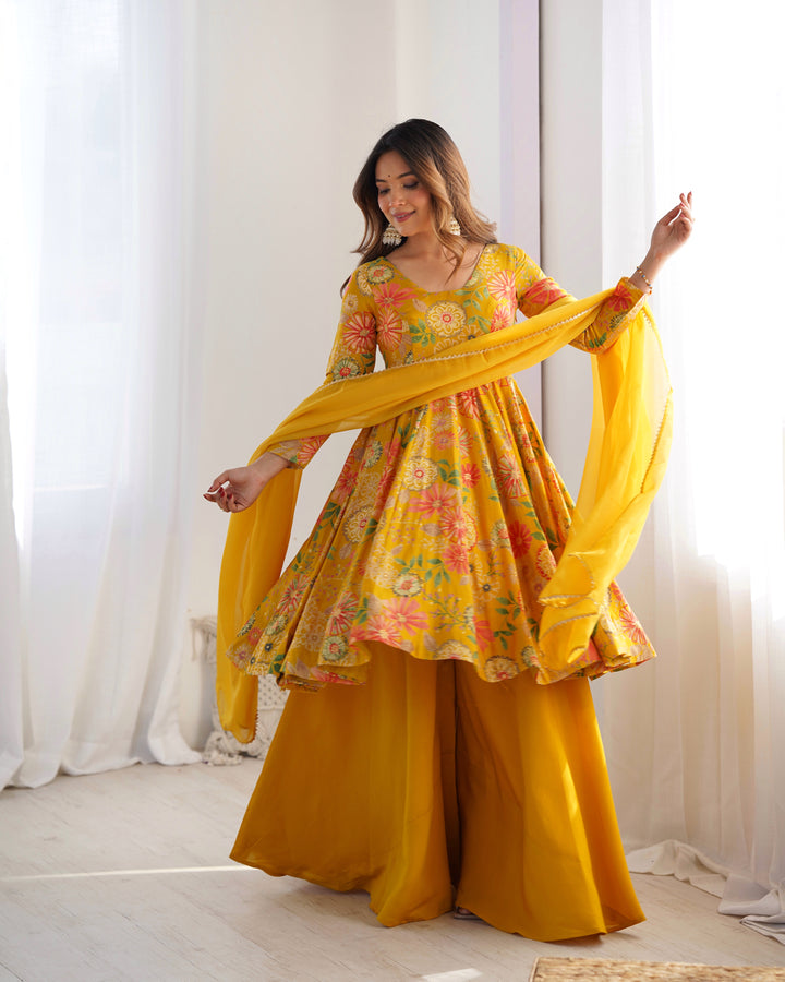 Mustard Floral Printed Short Anarkali Sharara Suit