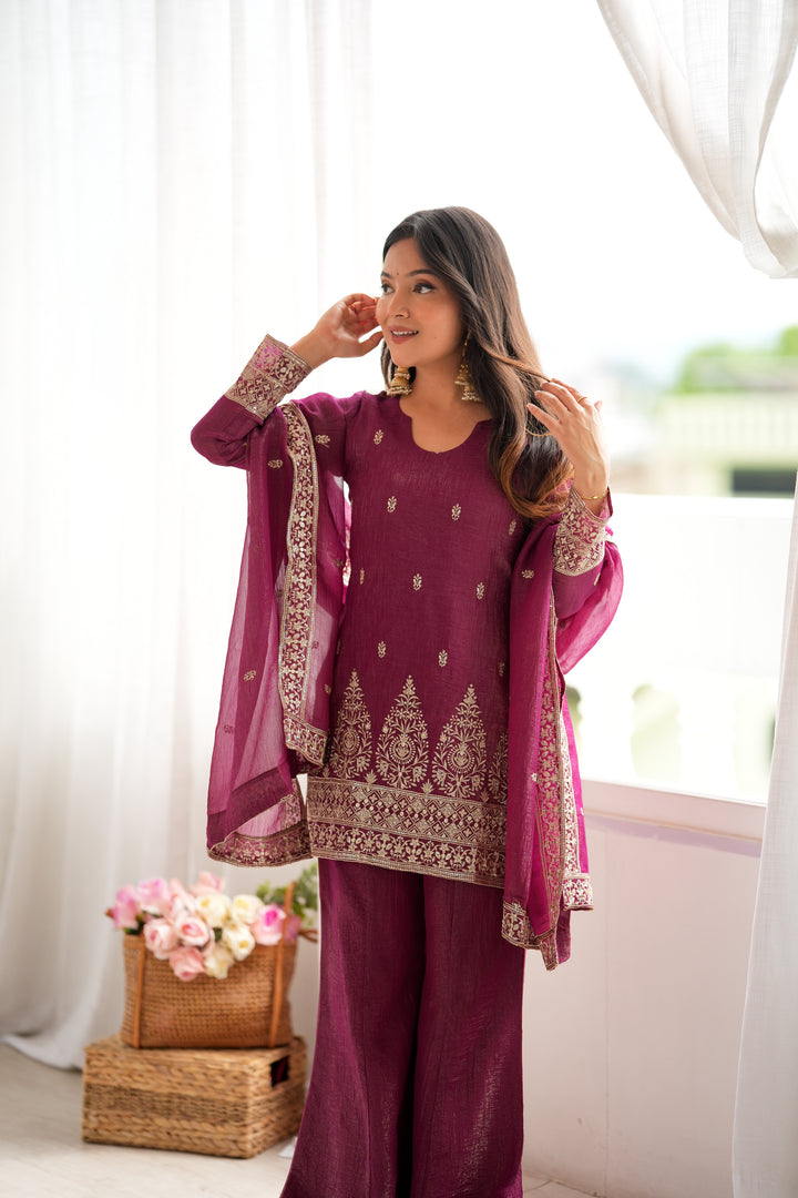 Burgundy Embroidered Short Kurta Sharara Suit