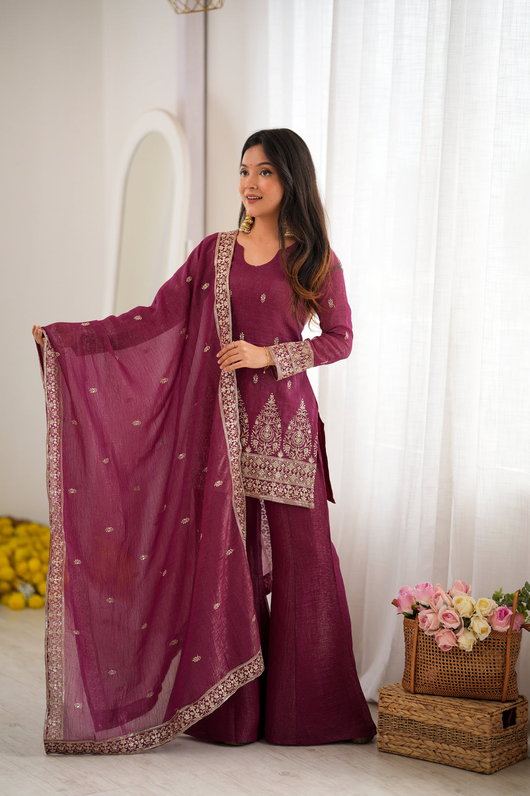 Burgundy Embroidered Short Kurta Sharara Suit