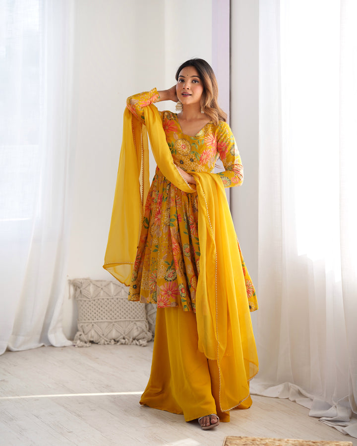 Mustard Floral Printed Short Anarkali Sharara Suit