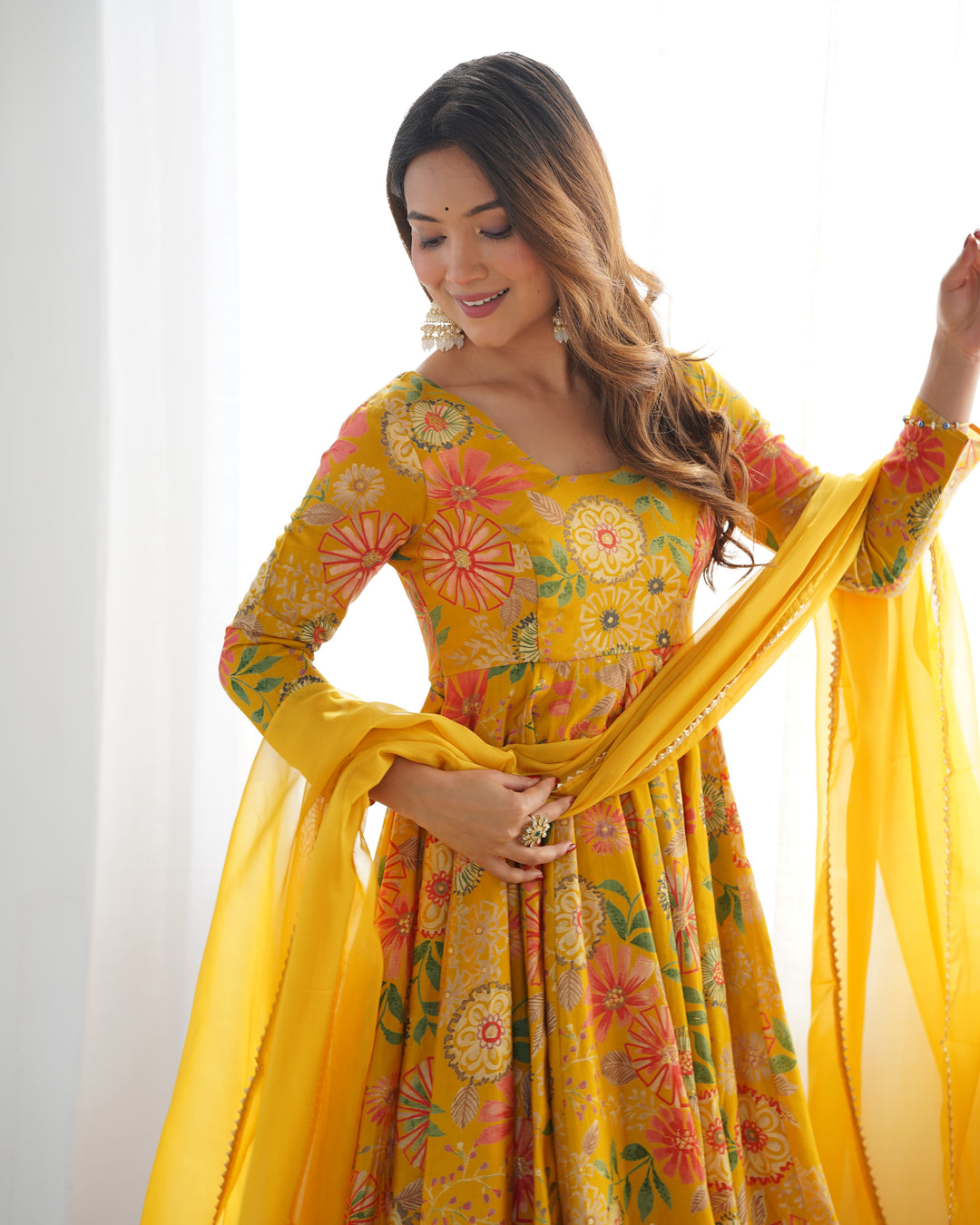 Mustard Floral Printed Short Anarkali Sharara Suit