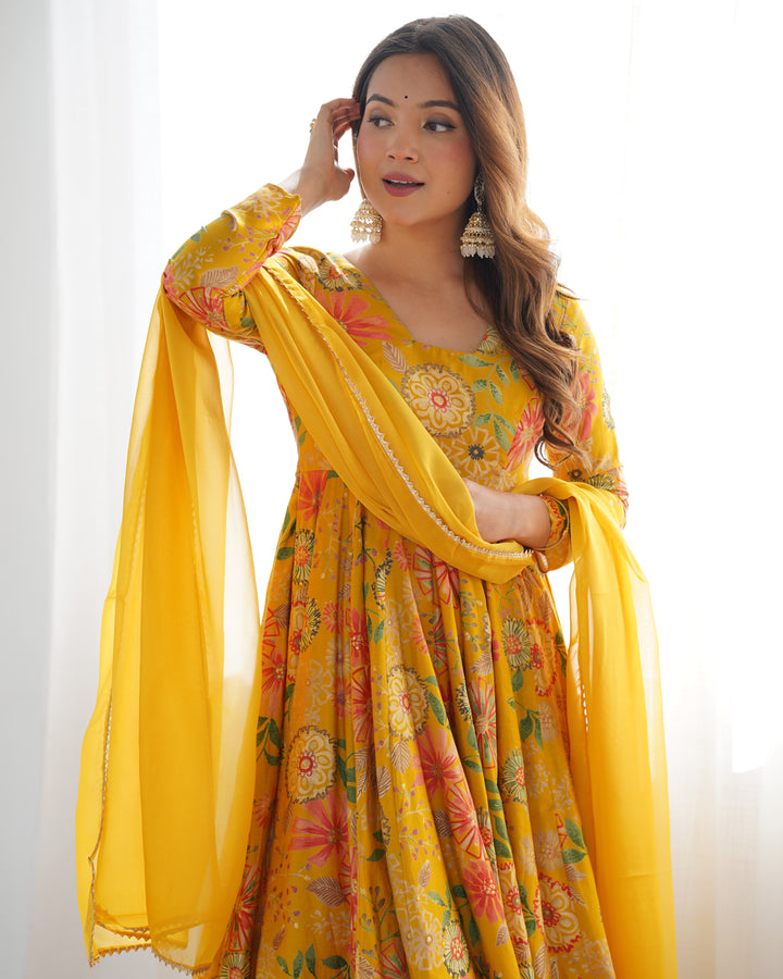 Mustard Floral Printed Short Anarkali Sharara Suit