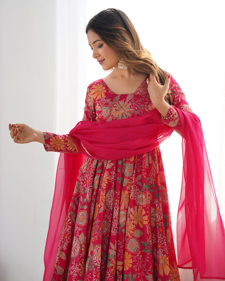 Rani Pink Floral Printed Short Anarkali Sharara Suit