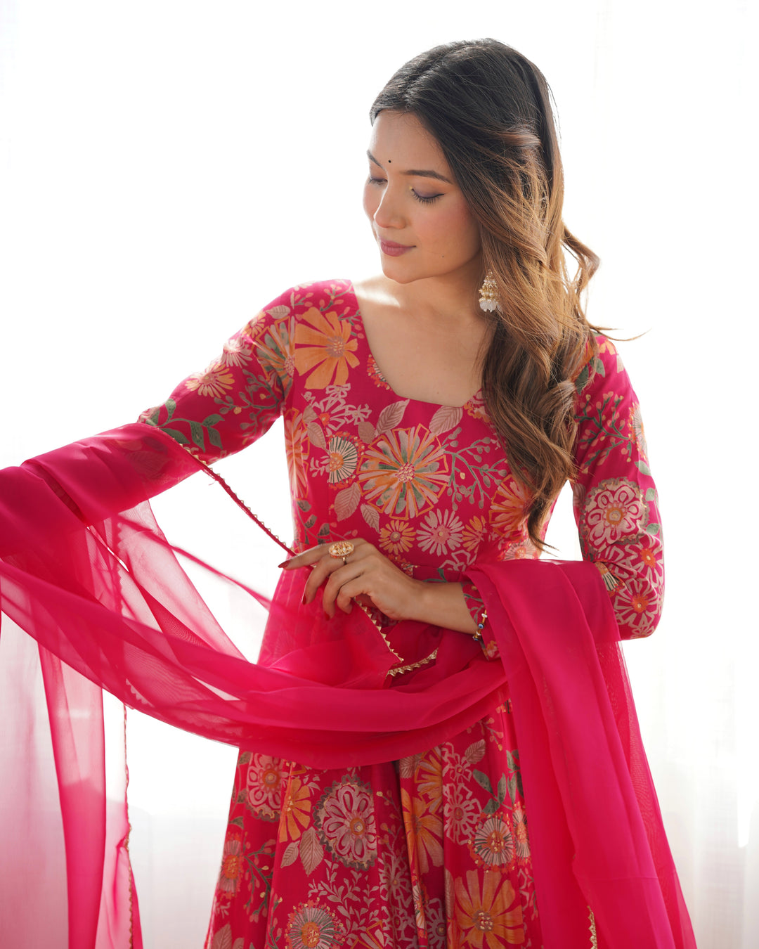 Rani Pink Floral Printed Short Anarkali Sharara Suit
