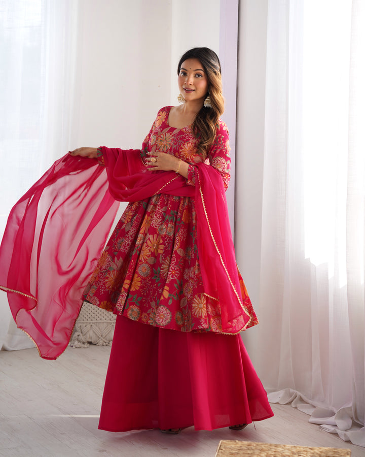 Rani Pink Floral Printed Short Anarkali Sharara Suit