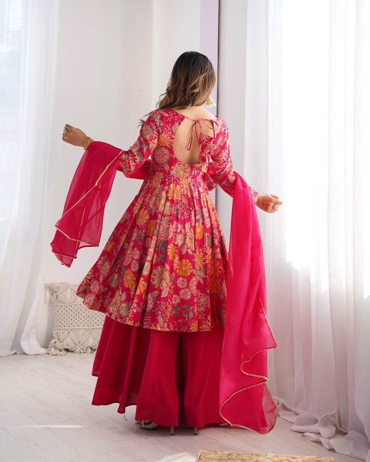 Rani Pink Floral Printed Short Anarkali Sharara Suit