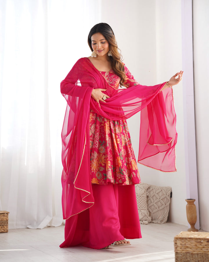 Rani Pink Floral Printed Short Anarkali Sharara Suit