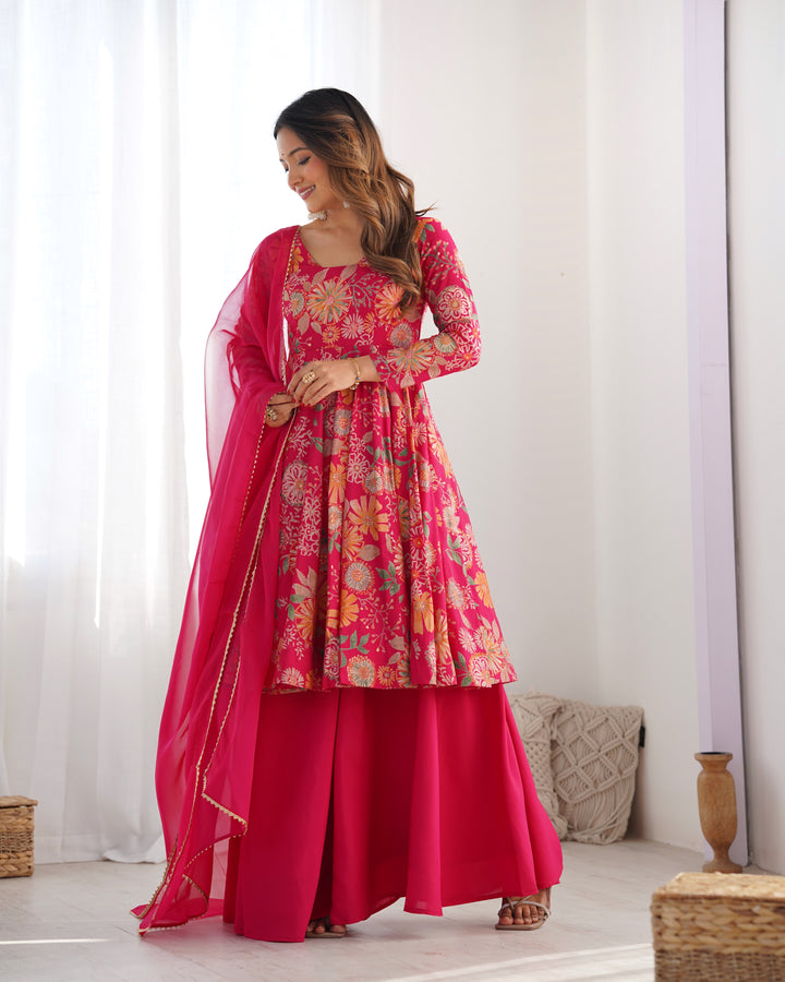Rani Pink Floral Printed Short Anarkali Sharara Suit