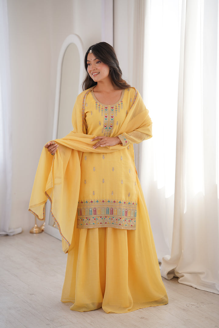 Designer Yellow Crunchy Silk Embroidered Sharara Suit