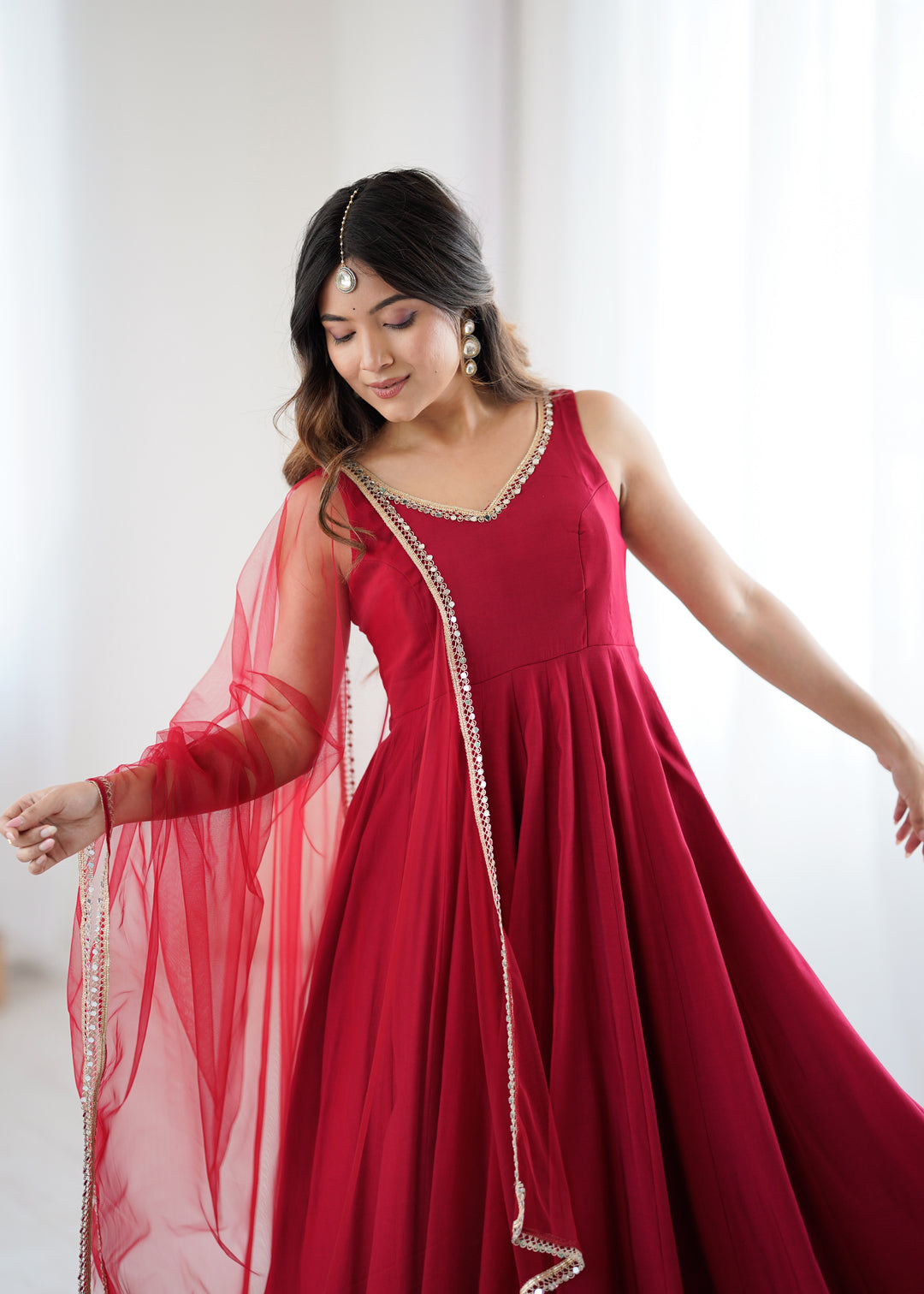 Maroon Red Sleeveless Roman Silk Chanderi Flared Anarkali Suit