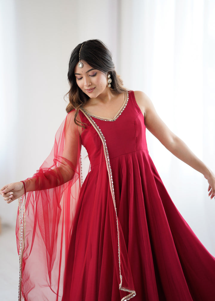 Maroon Red Sleeveless Roman Silk Chanderi Flared Anarkali Suit