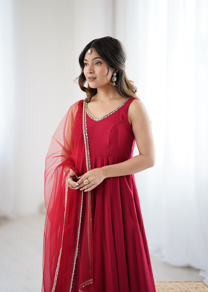 Maroon Red Sleeveless Roman Silk Chanderi Flared Anarkali Suit