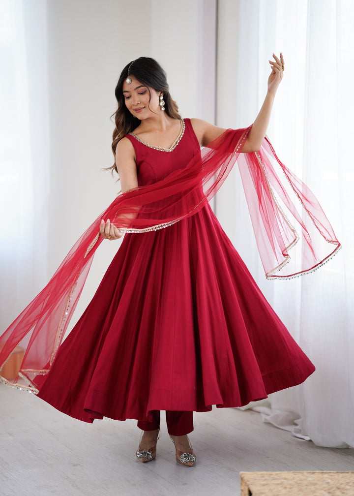 Maroon Red Sleeveless Roman Silk Chanderi Flared Anarkali Suit